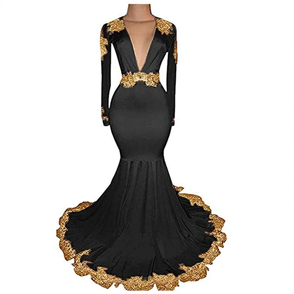 2025  New  Black Long Sleeves Prom Dress Gold Appliques Mermaid Evening Dresses