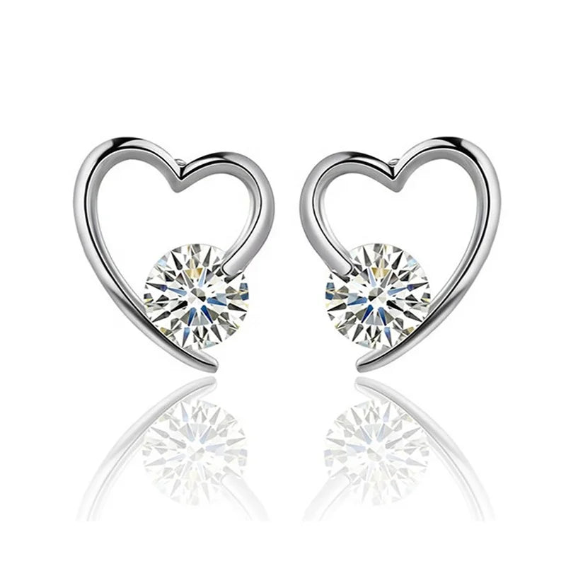 EZ09 Fashion Jewelry Silver Plated Hollow Heart Cubic Zirconia Stud Earring Crystal Hollow Heart Diamonds CZ Stud Earrings