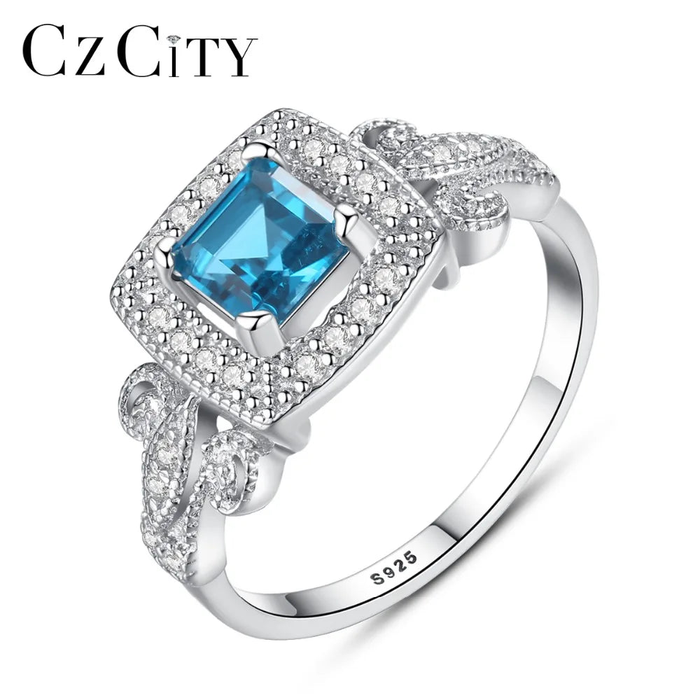 CZCITY Woman Gemstone Rings 925 Sterling Silver Women Fashion Blue Topaz Stone Engagement Rings