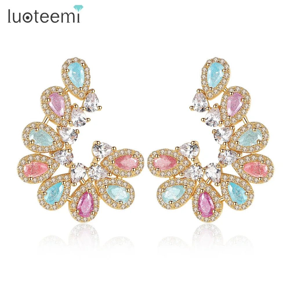 LUOTEEMI Women Fashion Champagne Gold Plated Multicolor Ice CZ Waterdrop Pearl-Cut Big Christmas Gift Present Stud Earrings