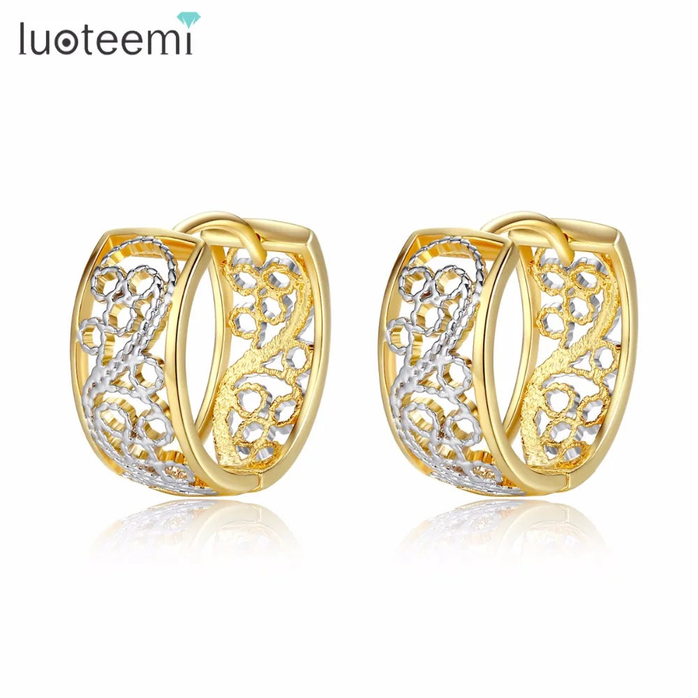 LUOTEEMI Popular Brazil Unique Double Gold Color Covered Hollow Design Hoop Earrings for Women