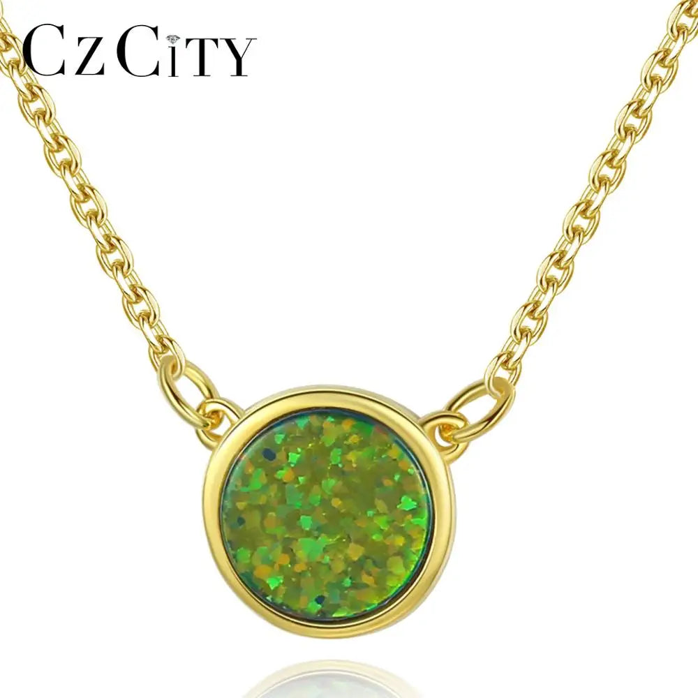 CZCITY 925 Sterling Silver Bead Charm Created Opal Pendant Necklace for Women With Silver Chain
