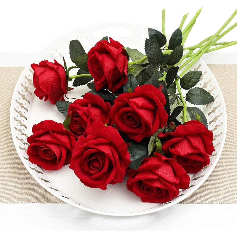 EZ Wedding Rose Decorative High Quality Fake Artificial Velvet Roses Flower Red Rose Flowers for Interior Wedding Backdrop