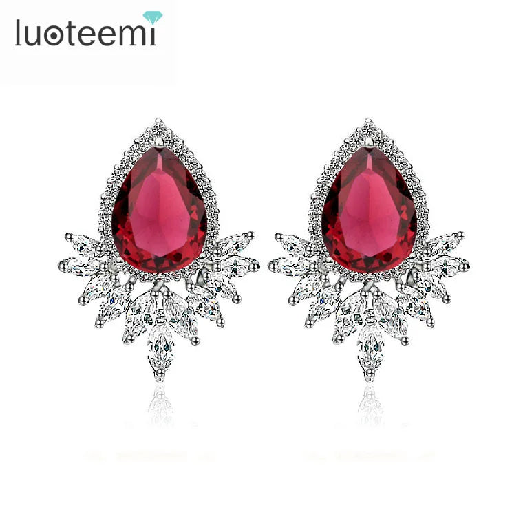 LUOTEEMI Wholesale Luxury Rhodium Plated Fancy Big Size Water Drop Zircon Bridal Wedding Jewelry Women Stud Earrings