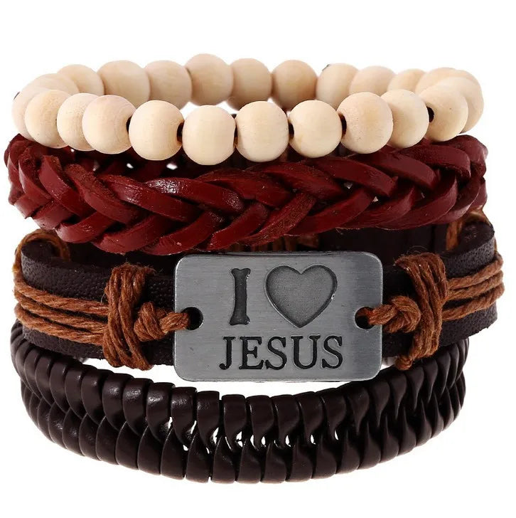 I Love Jesus Beaded Leather Multi Layer Bracelet Wholesale Christian Accessories Jesus Mens Leather Bracelet