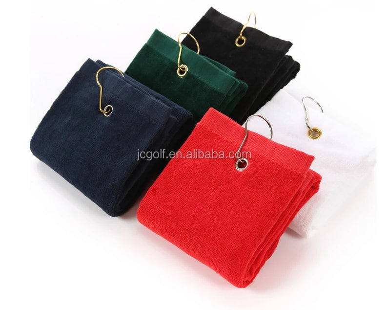 Wholesales 16"x24" Cotton Plain Solid Color Trifold Golf Towel with Metal Hook and Clip
