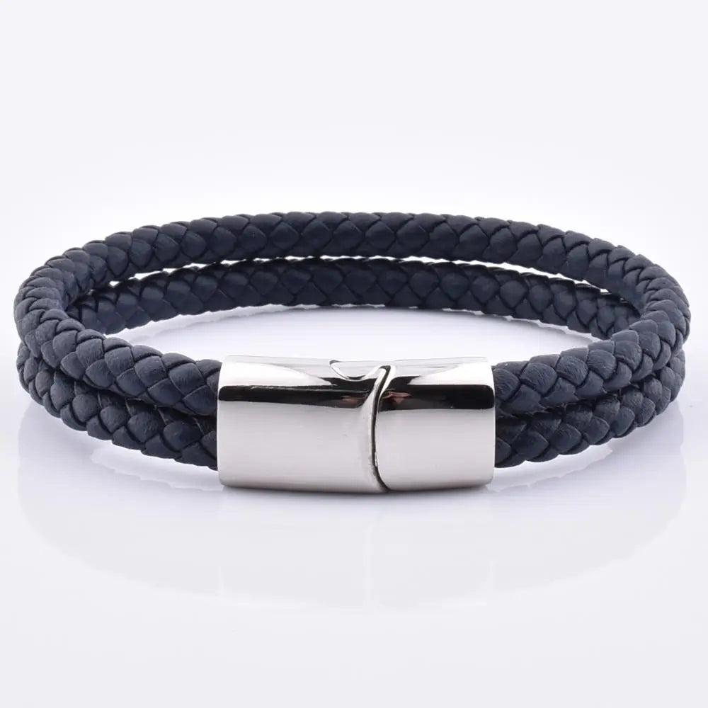 Factory Prices Hot Sale Customized Logo Mens Double Navy Blue Leather Steel Clasp Charm Bracelets