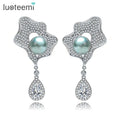 LUOTEEMI Charm Luxury CZ Micro Paved Flower With Gray Pearl Drop Bridal Wedding Dangle Earrings Wholesale