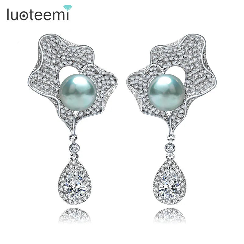 LUOTEEMI Charm Luxury CZ Micro Paved Flower With Gray Pearl Drop Bridal Wedding Dangle Earrings Wholesale
