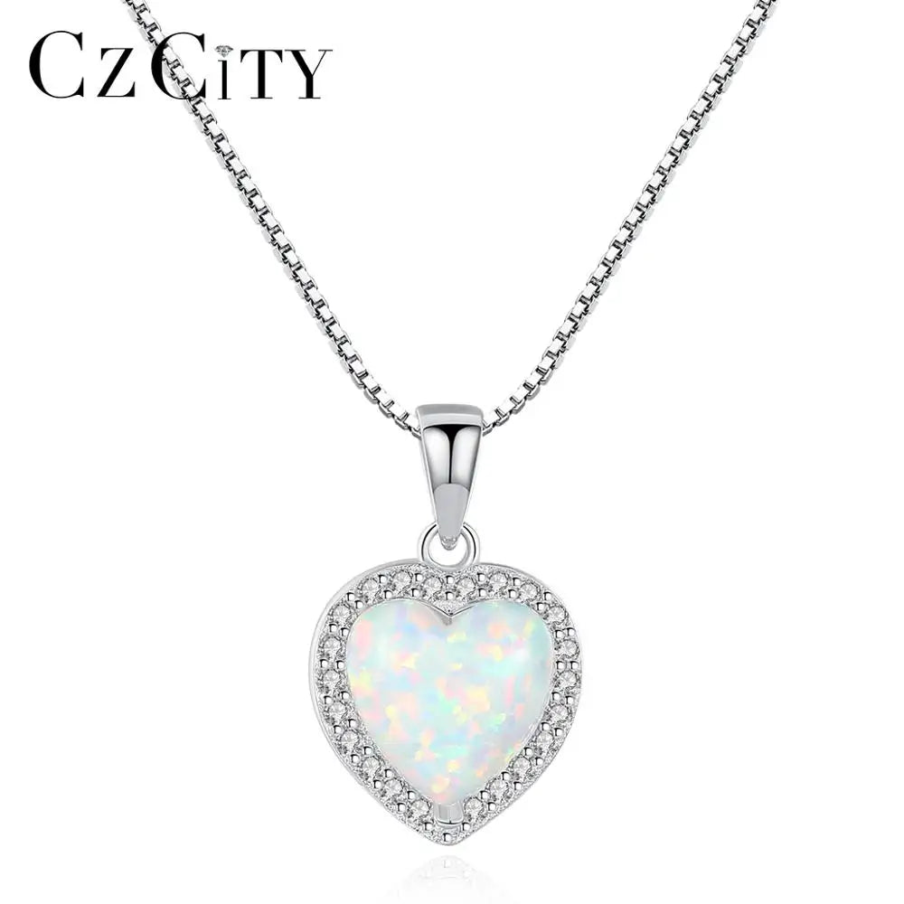 CZCITY New 925 Sterling Silver Opal Necklace European and American Jewelry Set Silver Pendant  Heart Necklace