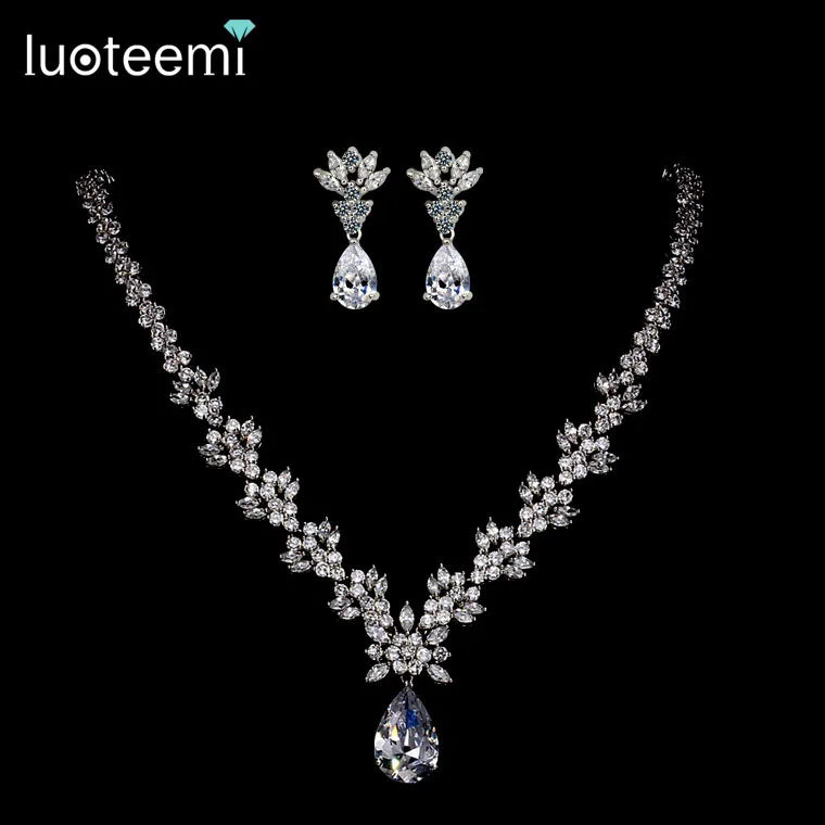 LUOTEEMI NEW Style Arrive Fashion Pear Shape Crystal Zircon Wedding Jewelry Sets for Brides Luxury Jewelry Gifty