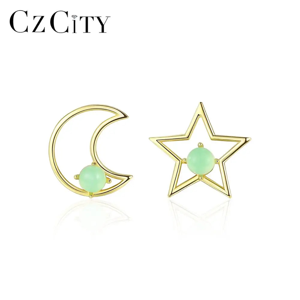 CZCITY Real Gold Plating Moon and Star Pink and Green Crystal 925 Sterling Silver Stud Earrings