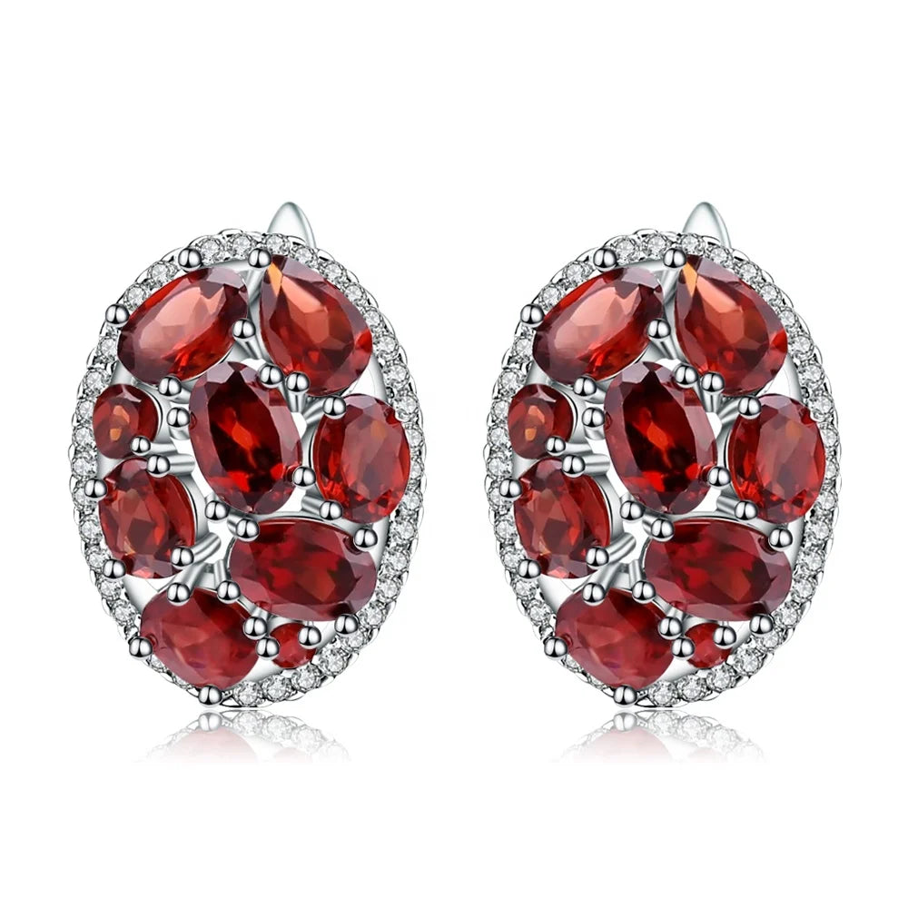 Abiding Natural Red Garnet  CZ Prong Set Women Gemstone Jewelry Vintage Elegant Gift English Lock 925 Sterling Silver Earrings