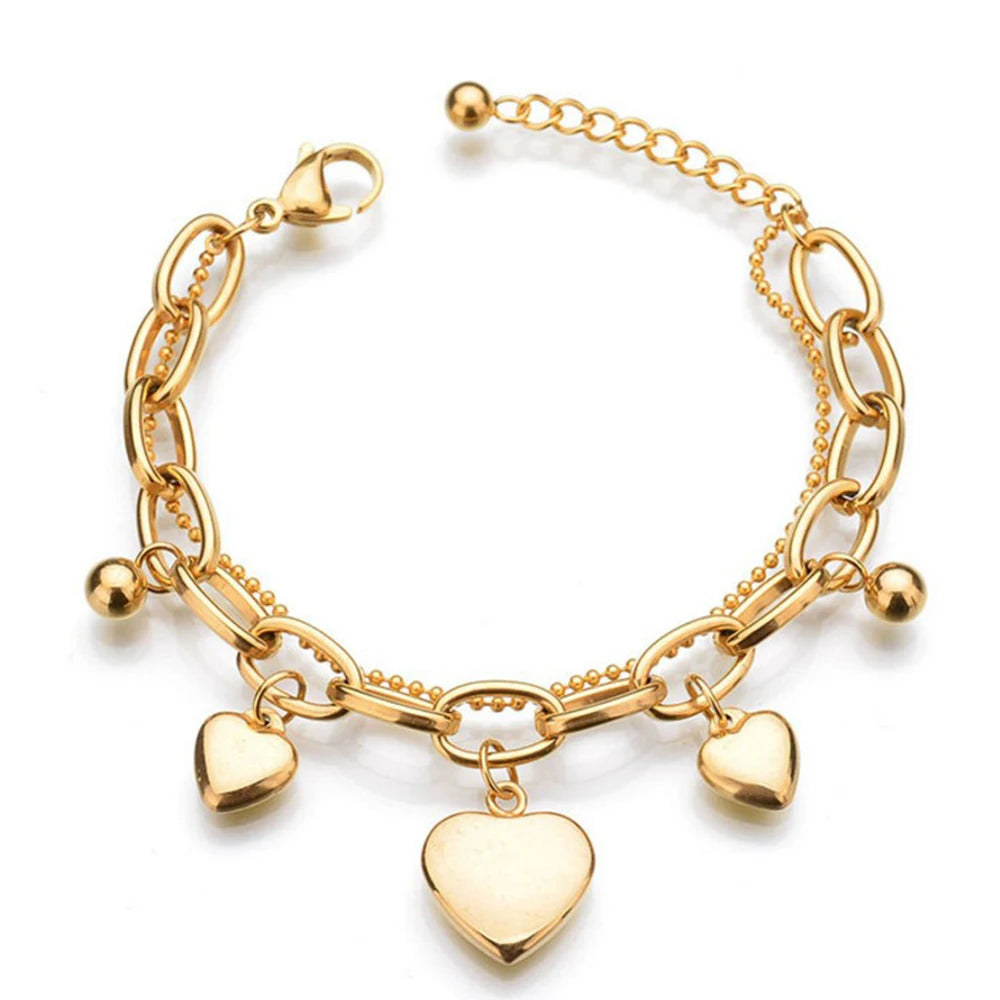 Double Layer Chain Link Ladies Jewelry Stainless Steel Hand Chain Heart Shaped Bracelet