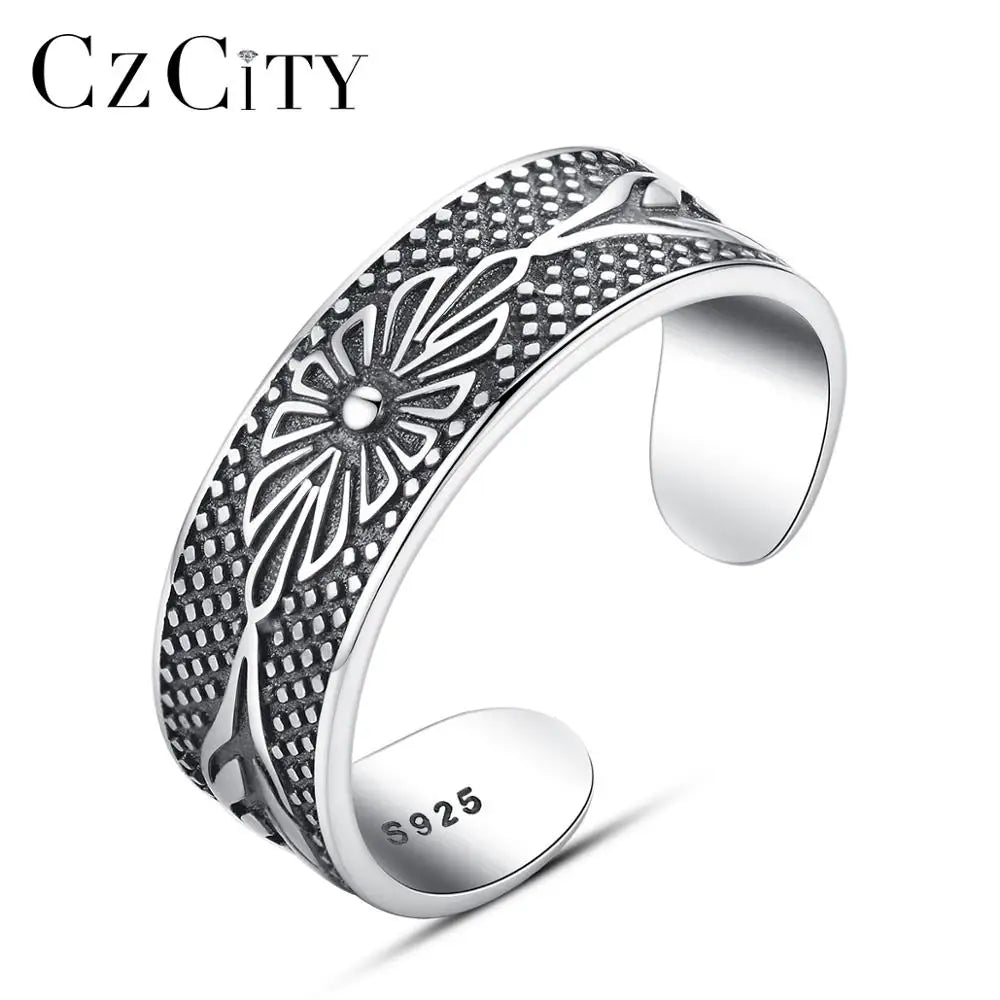CZCITY Plant 925 Sterling Silver Opening Black Thai Old Cocktail Silver Woman Man Tail Ring