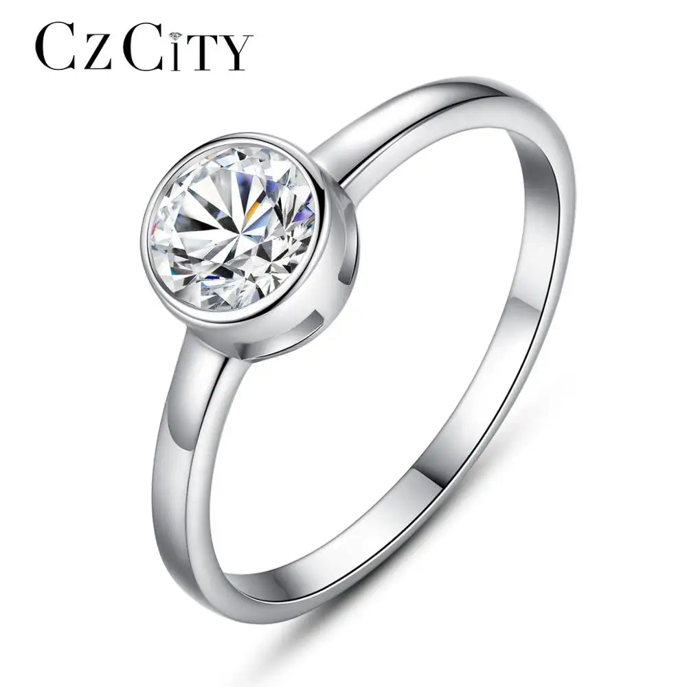 CZCITY Bezel Setting  Round CZ 1ct Delicate 925 Sterling Silver Wedding Rings for Women CZ Ring Fine Jewelry