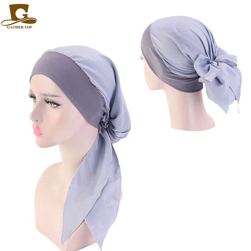 New Design Wide Band Plain Silky Women Turban Pre Tie Bow Girls Head Scarf Turbans for Women Long Hair Head Scarf Headwraps