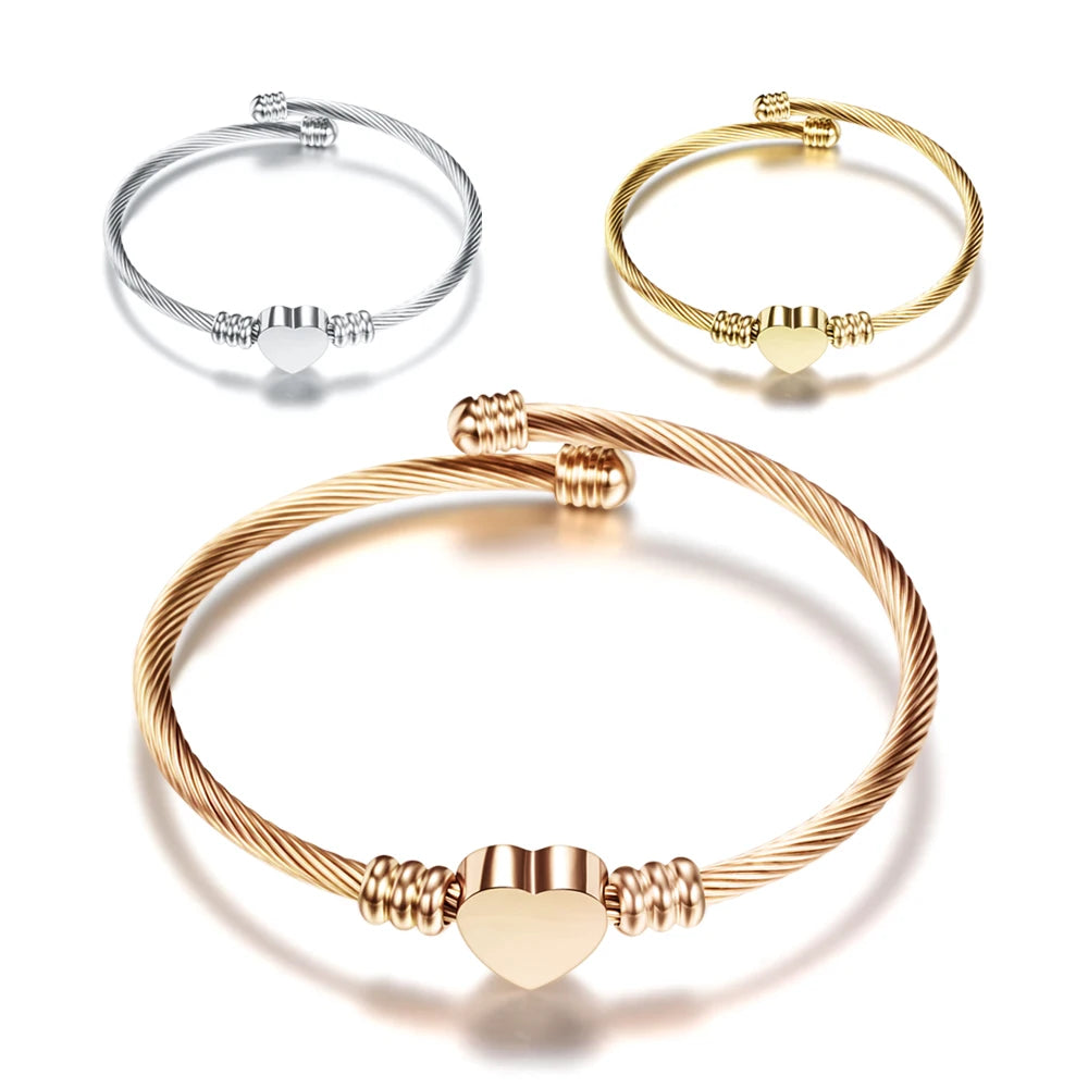 Woman Jewelry Stainless Steel Expandable Cable Wire Bracelet Womens Heart Charm Bracelet Bangle OEM/ODM