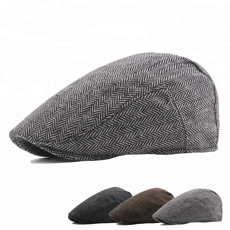 Custom Design Wholesale Cut and Sewn Tweed Ivy Hats Spring Autumn Herringbone Beret Hat Cabbie Wool Flat Top Ivy Cap for Men