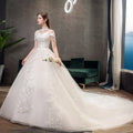 2019 Vintage High Neck Half Sleeve Lace up Back Princess Wedding Dress Embroidery Wedding Dress With Big Train