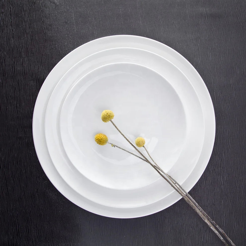 Buffet Serving Food Custom Logo Glossy White Ceramic Plates Dishes for Restaurant Tableware Hotel Round Dinner Platter