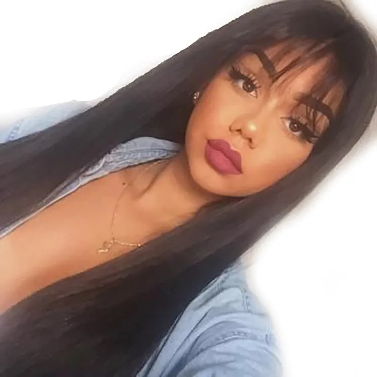 Wholesale Black Long Silky Straight Virgin Brazilian Human Hair Lace Front Wigs With Bangs