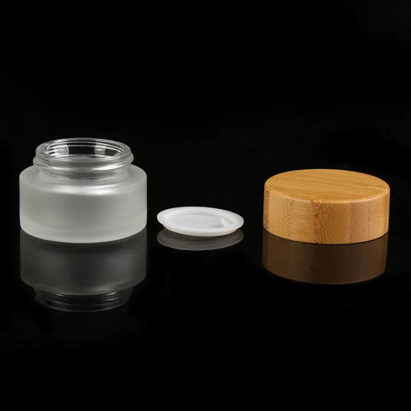 100g  Frosted Glass  Bamboo Cream Jar with Bamboo Lid Set