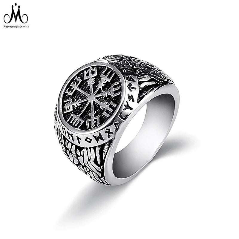 Classic Nordic Vikings Ring Custom Engraved Signet Ring Stainless Steel Compass Rings for Men
