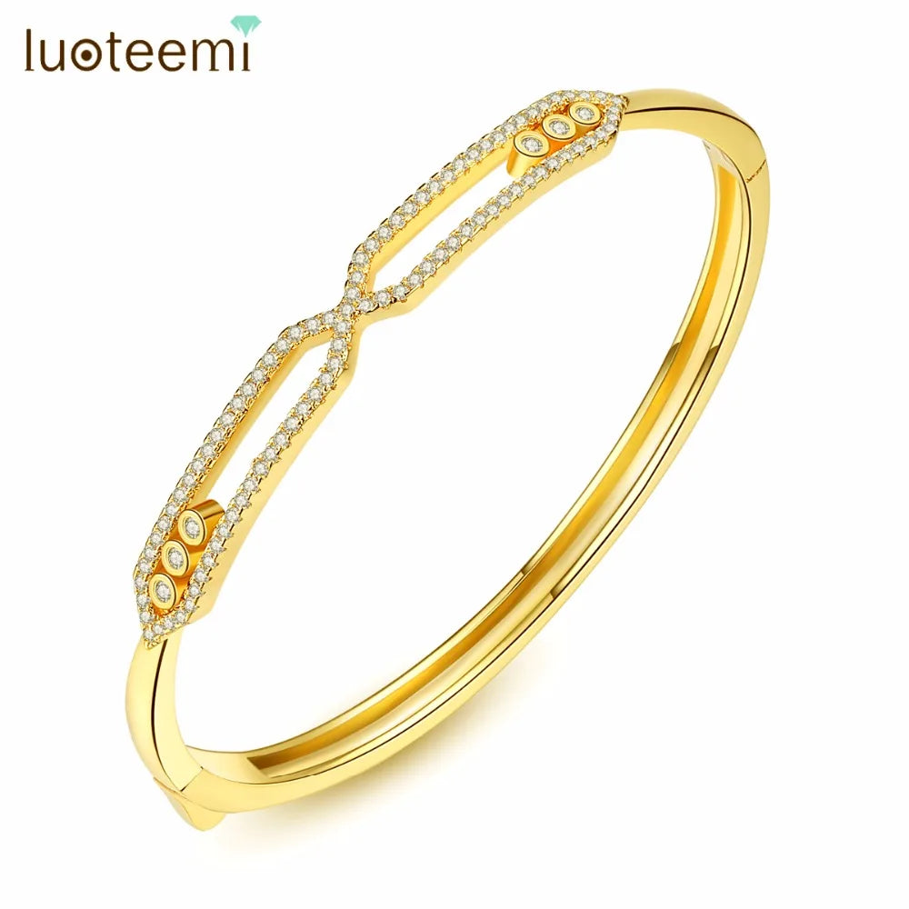 LUOTEEMI Classic Geometric Ealegant Bangle Bracelets With Mini Clear Circle CZ Crystal Bracelets for Women Wearing Work-place