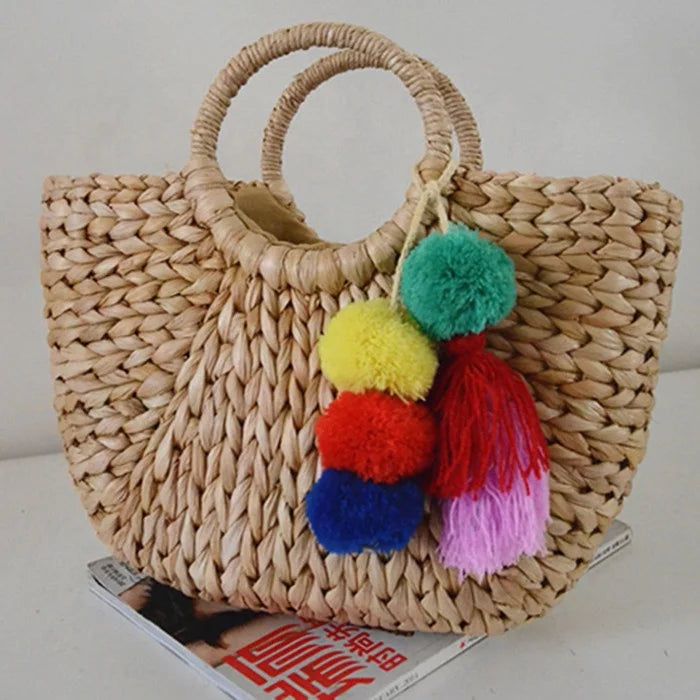 Fashion Women Summer Straw Bag Big Decorations Rattan Beach Tote Handbag Hand-woven Bags for Lady