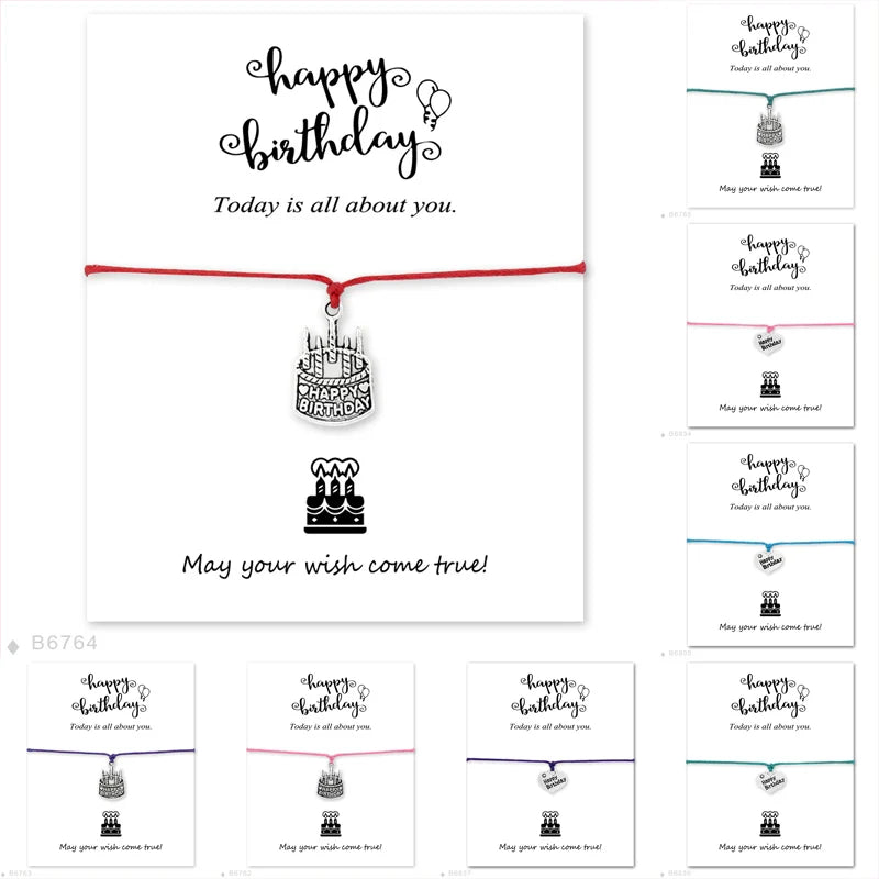 Manufacturer Boy Girl Kids Gift Rhinestone Heart Happy Birthday Gift Cake Silver Lucky Charm Make a Wish Card Bracelet