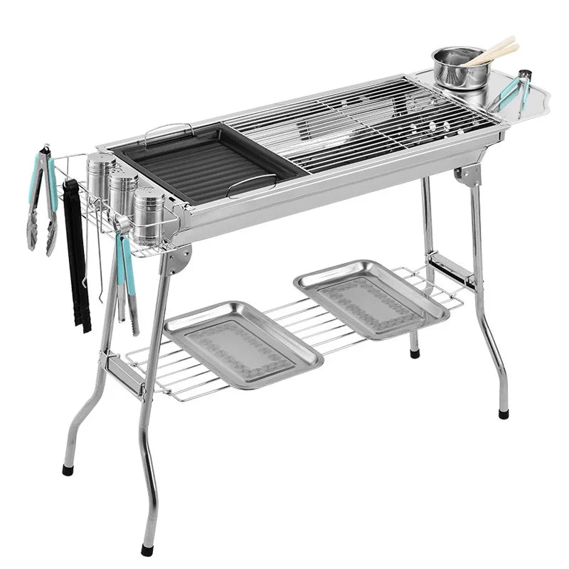 Full-set Stainless Steel Commercial BBQ Barbecue Grill  Charcoal BBQ Grills Functional Camping Barbecue Grill