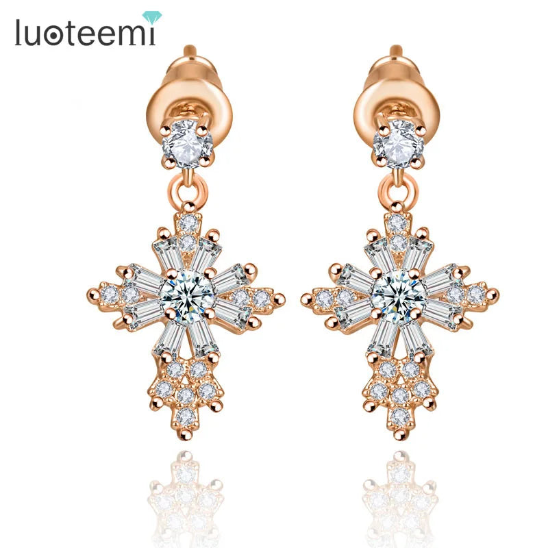 LUOTEEMI Cheap Wholesale Trendy European Design Rose Gold Plated Clear a AA Zircon Women Cross Earrings