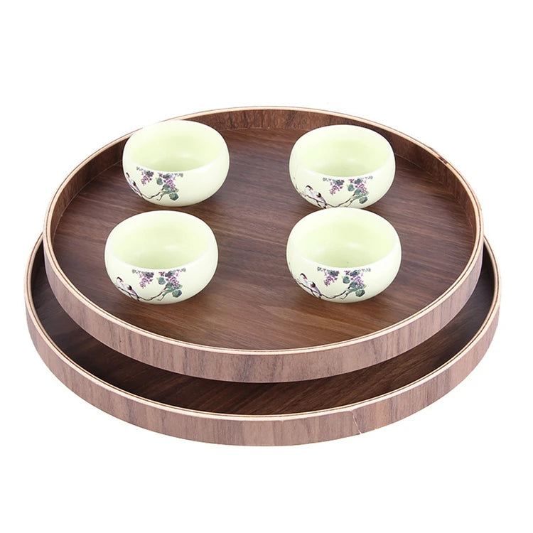 Handmade Eco-Friendly 27cm Round Wood Tea Tray Dessert Dish Plate with Engraving 50pcs MOQ