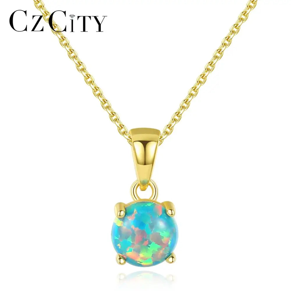 CZCITY Pure Sterling Silver 925 Necklaces for Women Colorful Round Fire Opal Pendant Necklace Exquisite Jewellery Christmas Gift