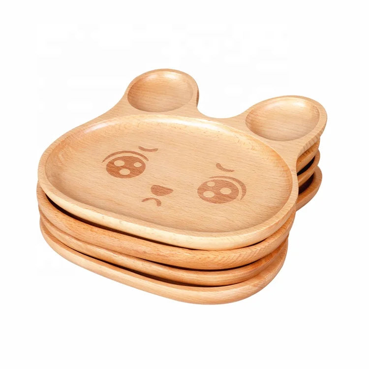 Cute Creative Natural Beech Wood Handcrafted Cartoon Rabbit Shaped Dessert Plate for Kids Picnic Use