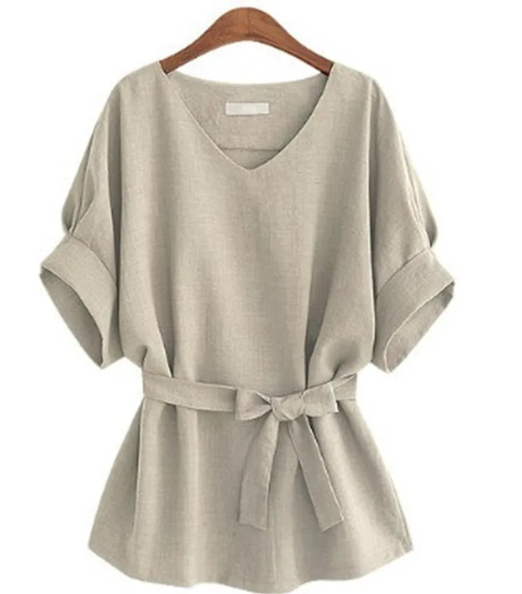 Summer Women Blouses Linen Tunic Shirt V Neck Big Bow Batwing Tie Loose Ladies Blouse Female Top for Tops 5XL 10% off