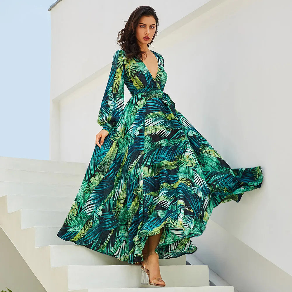 S-5XL Long Sleeve Dress Green Tropical Beach Vintage Maxi Dresses Boho Casual V Neck Belt Lace up Tunic Draped Plus Size Dress
