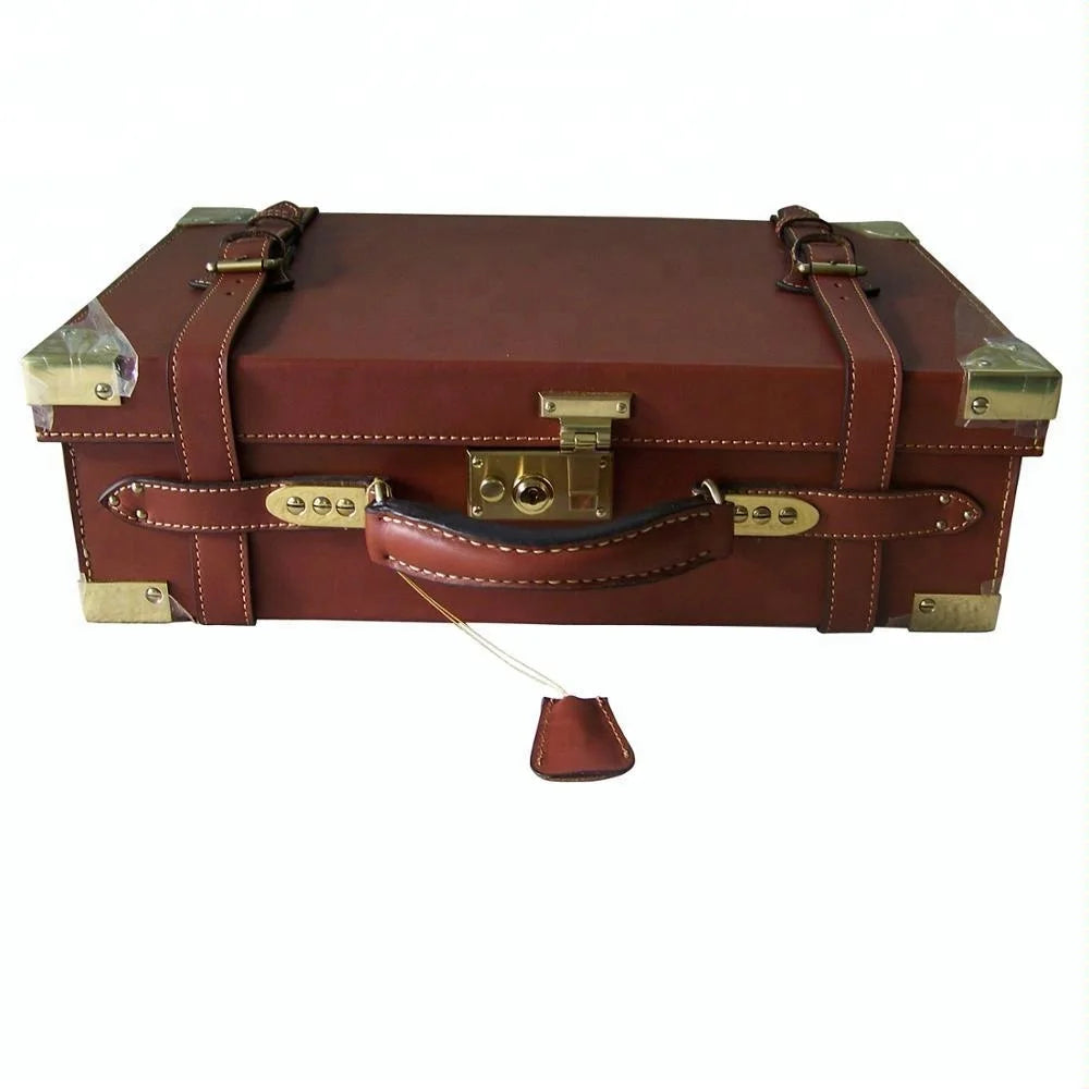 Brass Oak Wood Hunting Ammo Box with Leather Pouches Holsters Wool Flannel Lining 45x28x13cm Size for Gun Case