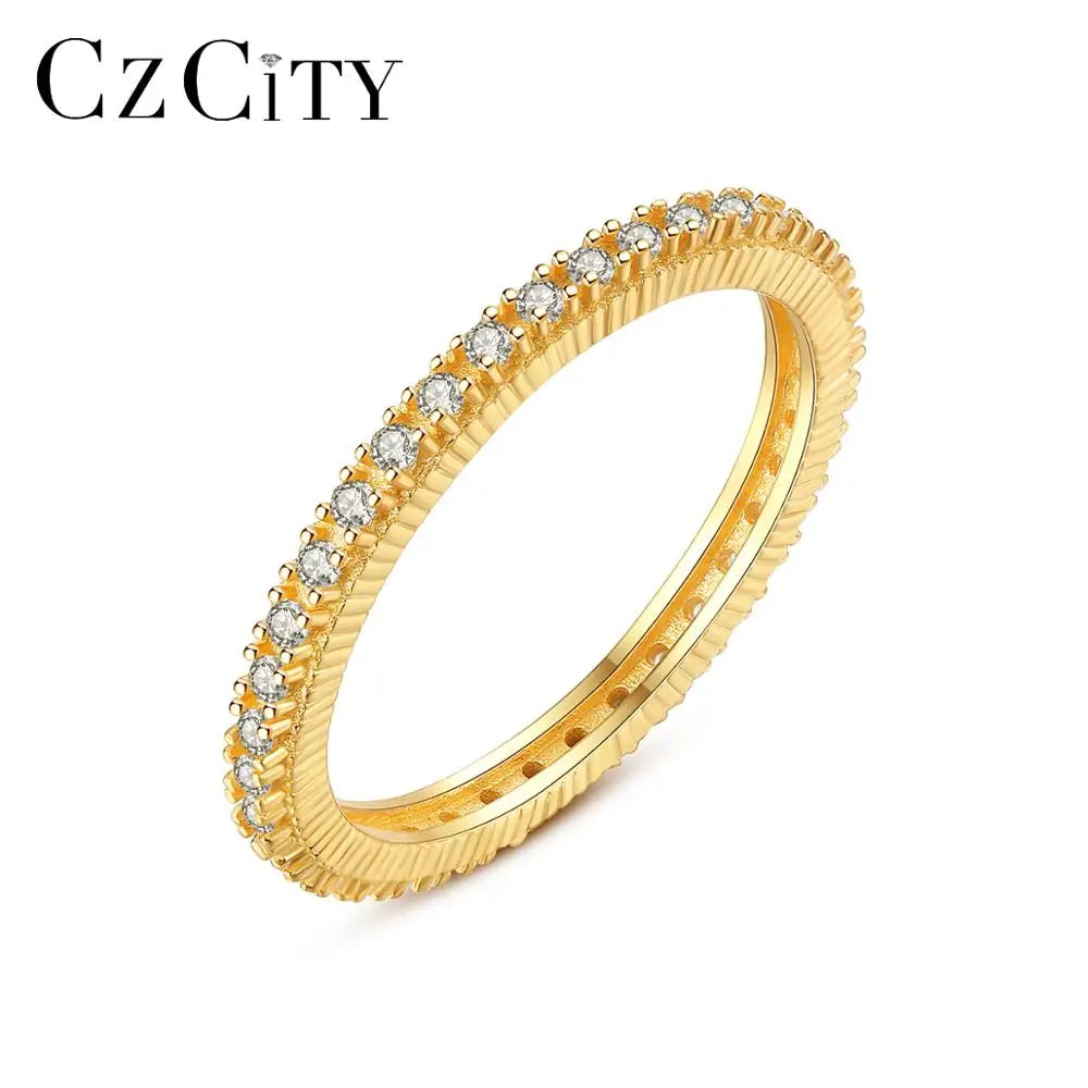 CZCITY Sterling Silver Eternity Ring Gold Plated 925 Ring Women Full Pave Cubic Zirconia Eternity Band Diamond Eternity Ring
