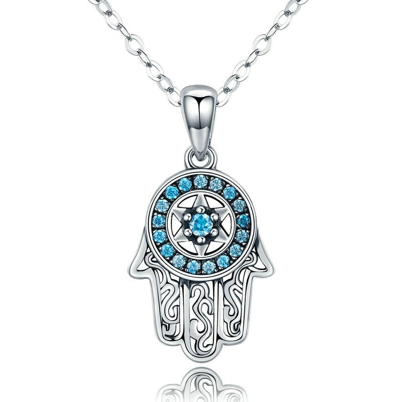 GN02 Vintage 925 Sterling Silver Boho Zircon Fatima Hamsa Hand Evil Eye Pendant Necklaces for Women Turkish Lucky Fine Jewelry