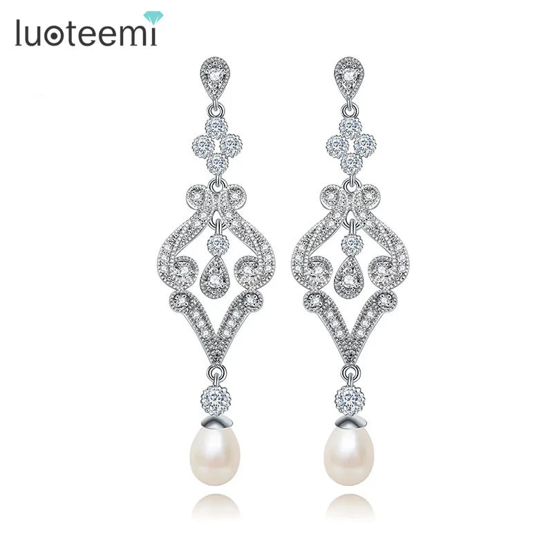 LUOTEEMI Fashion Accessories Vintage Jewelry Micro Inlay a AA Cubic Zirconia Wedding Dangle Pearl Earrings
