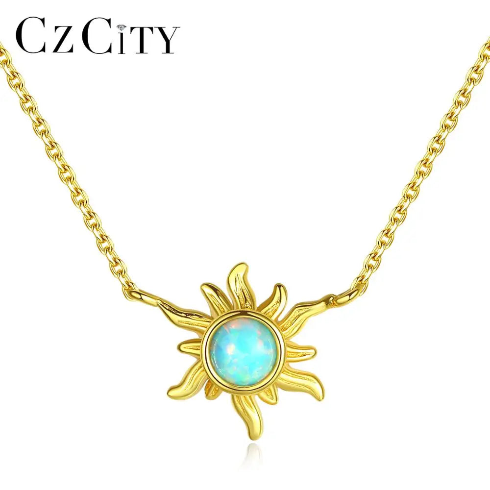 CZCITY Sun Shape Flower Pendant Vintage Opal Necklace for Girls 925 Sterling Silver Jewelry