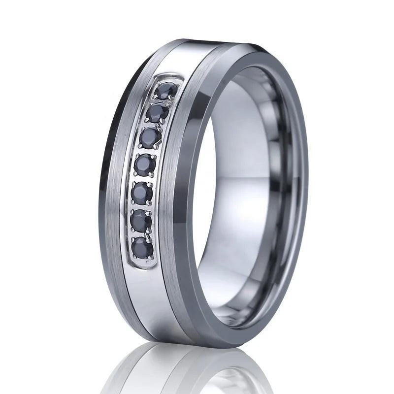 Black Zircon Inlay Classic Wedding Rings Men Women Tungsten Carbide High Quality Handmade 8mm Width Never Fade Fashion Jewelry