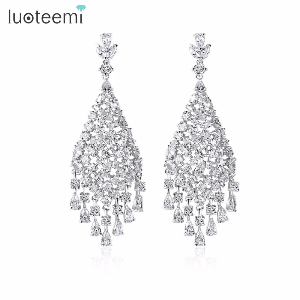 LUOTEEMI New Geometric Cubic Zirconia Paved Teardrop Tassel Dangle Earrings for Women Wedding Jewelry Gift Drop Earrings