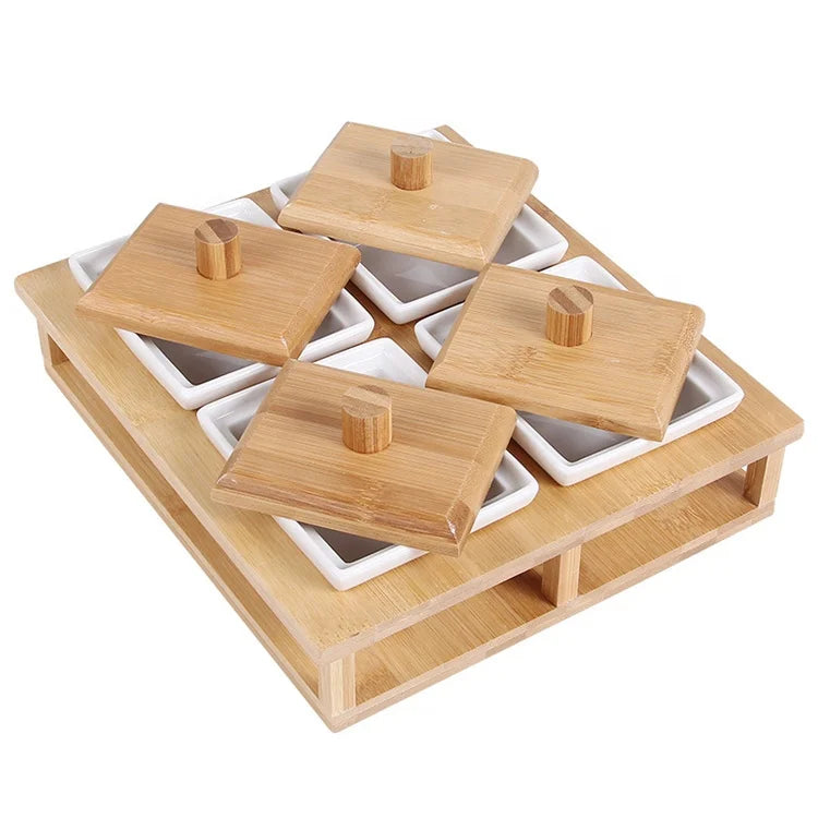 Creative Multifunctional Eco-Friendly Bamboo & Ceramic 4-Compartment Food Storage Box with Lid