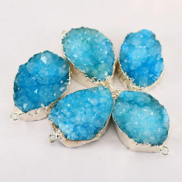 JF8331 High Quality Sparkly Silver Plated Jewelry Natural Quartz Aqua Blue Druzy Connectors for Bracelet Making