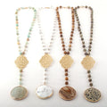 Women Fashion Ethnic Bohemian Jewelry Gemstone Rosary Chain Metal Grid Dalmation Jasper White Howlite Disco Pendant Necklace