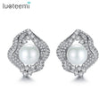 LUOTEEMI Beautiful Mouth Shape White Gold Plated Pearl CZ Diamond Female Ear Stud Earrings for Women