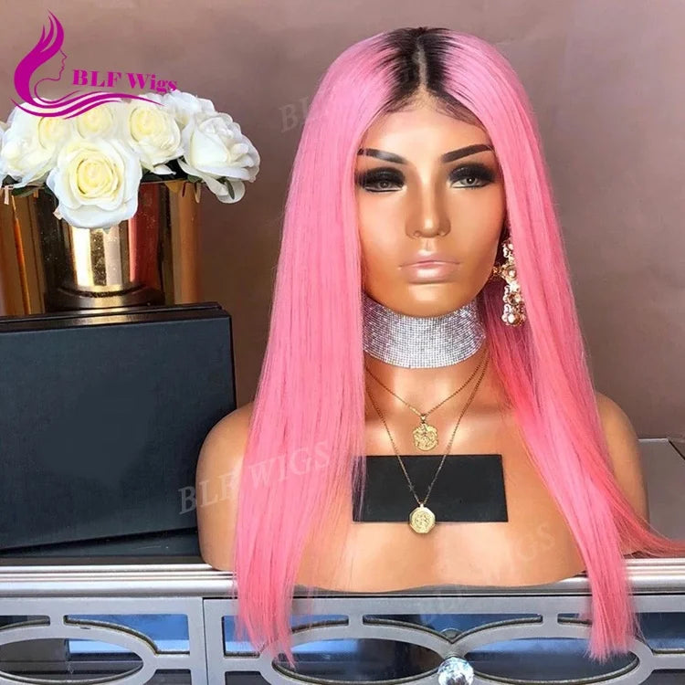 Pink Human Hair Full Lace Front Wig Two Tone Color Remy Brazilian Lace Wig with Natural Roots
